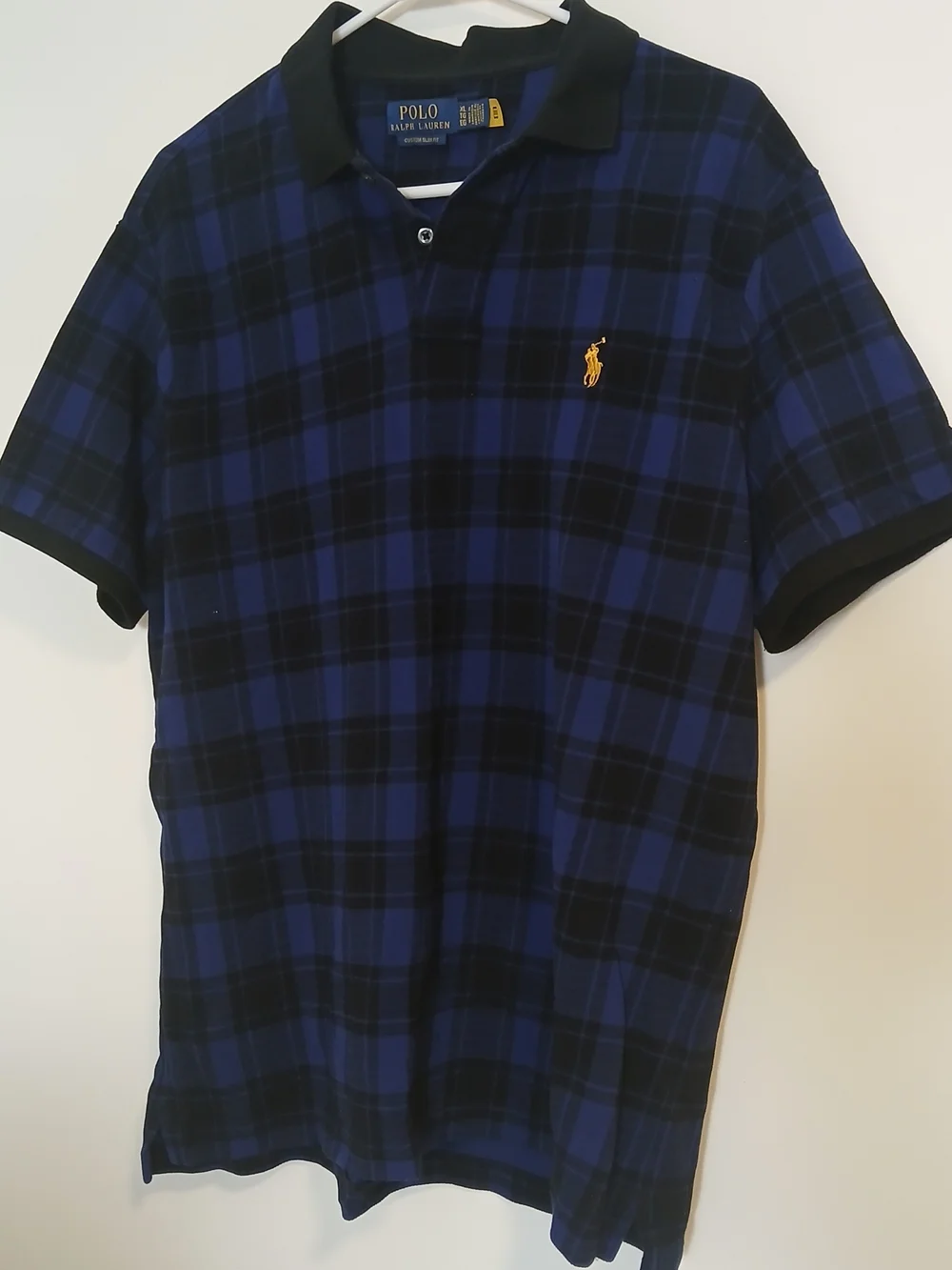 Ralph Lauren Blue and Black Plaid Polo with Yellow Logo XL